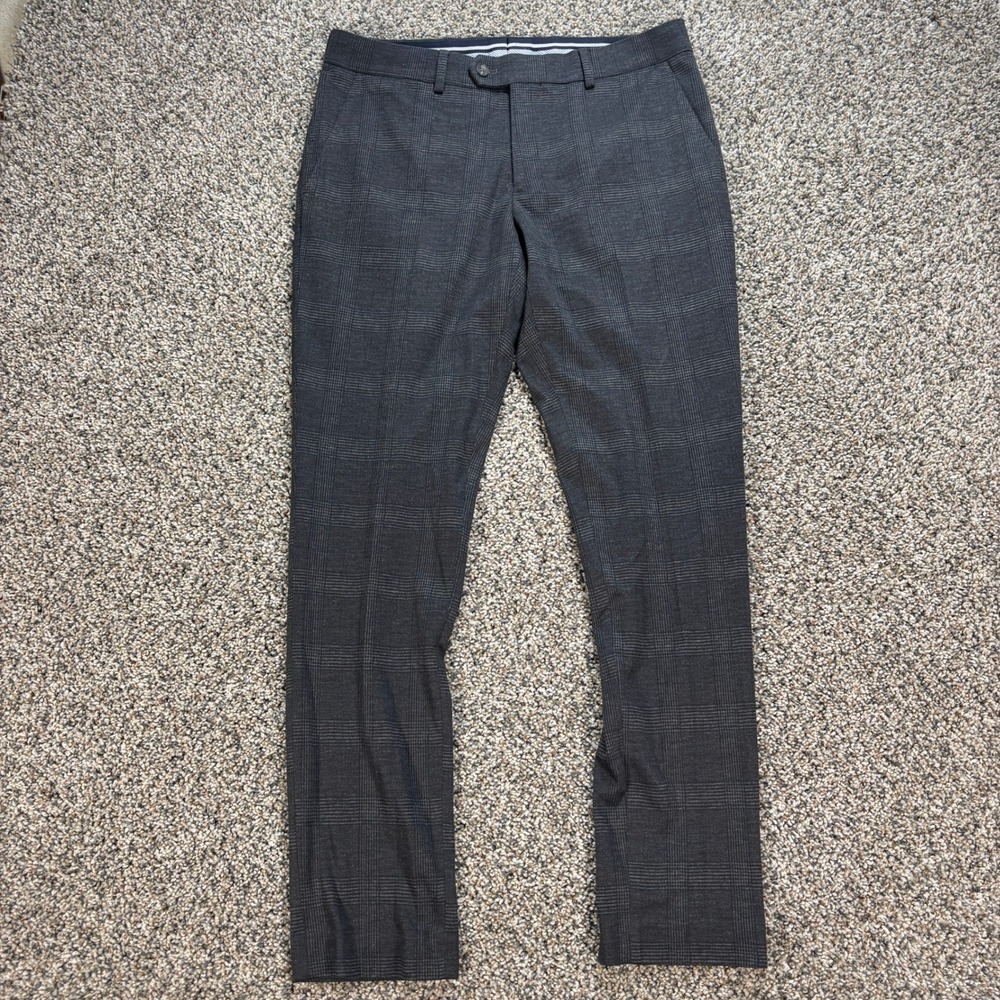 Original Penguin Men's 32x30 OSMANP Glen Plaid Dress Pants Grey Blue Slim Fit